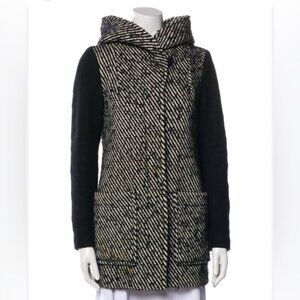 Soia and & Kyo Wool Tweed Coat Winter Jacked Hood Striped Black White Medium M